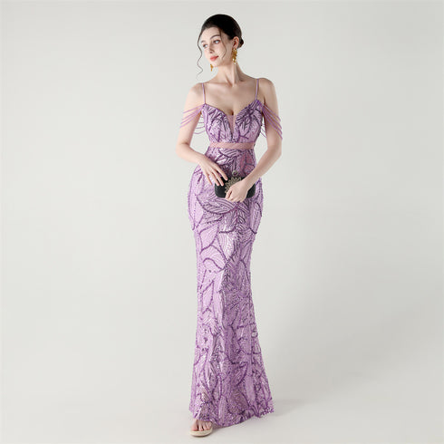 Graceful Sequin Embellished Mesh Mermaid Maxi Dress